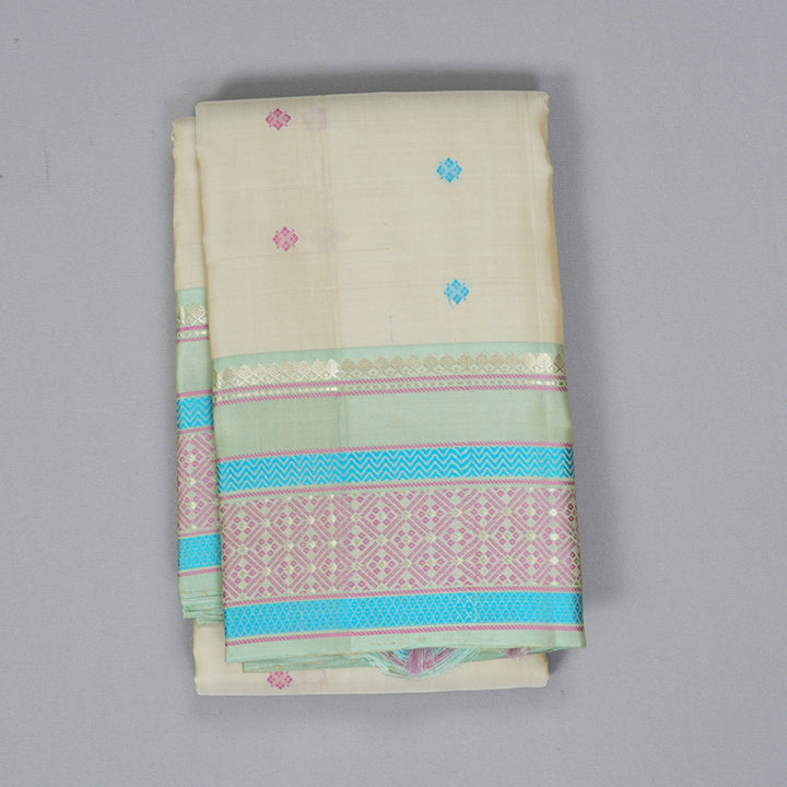 Hayagrivas Handloom Half-White Kanjivaram Silk Saree with Pista Green Border KBF287E3-6
