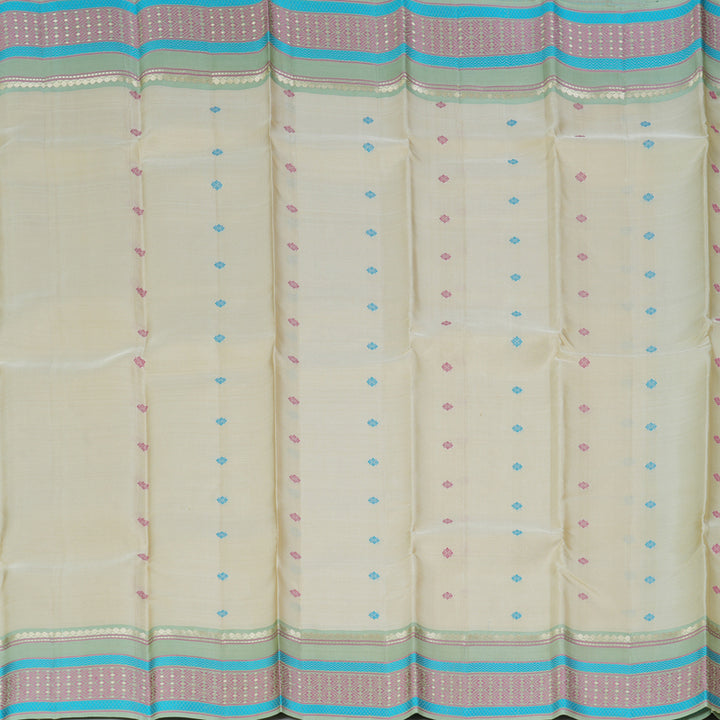 Hayagrivas Handloom Half-White Kanjivaram Silk Saree with Pista Green Border KBF287E3-6