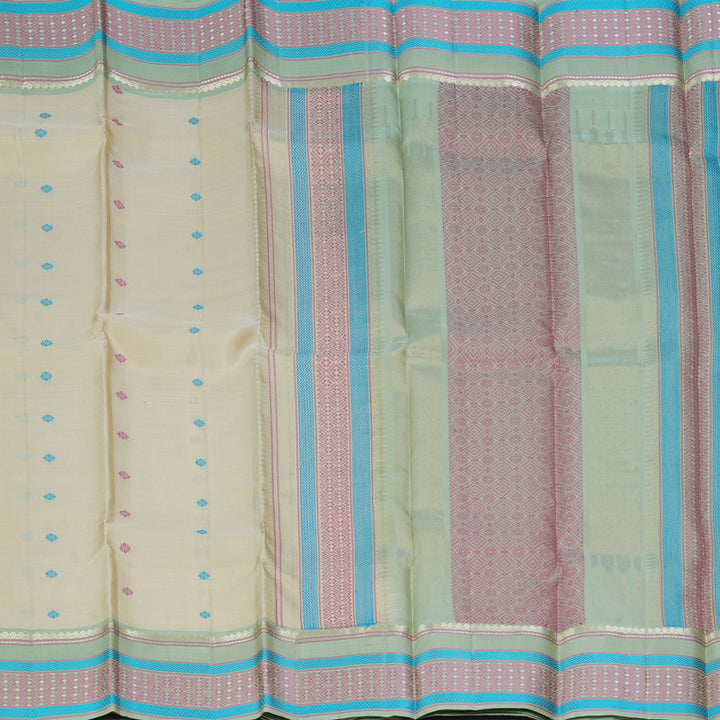 Hayagrivas Handloom Half-White Kanjivaram Silk Saree with Pista Green Border KBF287E3-6