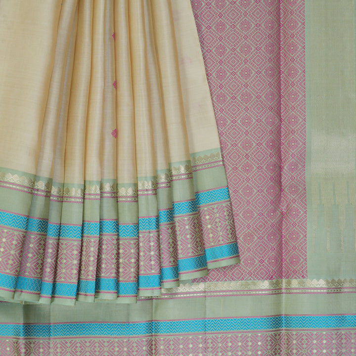 Hayagrivas Handloom Half-White Kanjivaram Silk Saree with Pista Green Border KBF287E3-6