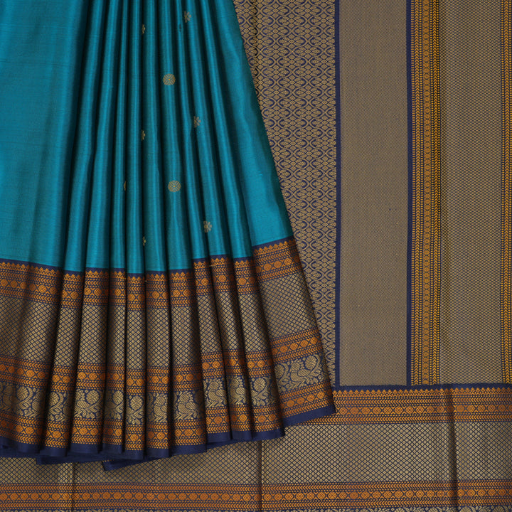 Hayagrivas Handloom Teal Blue Kanjivaram Silk Saree with Navy Blue Border KBF287E6-2