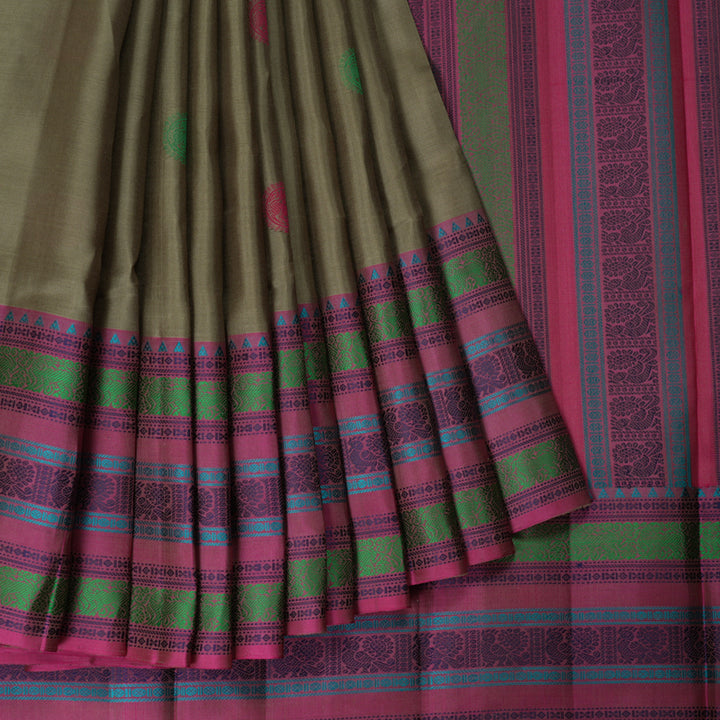 Hayagrivas Handloom Elephant Grey Kanjivaram Silk Saree with Pink Border KBF287E7-3