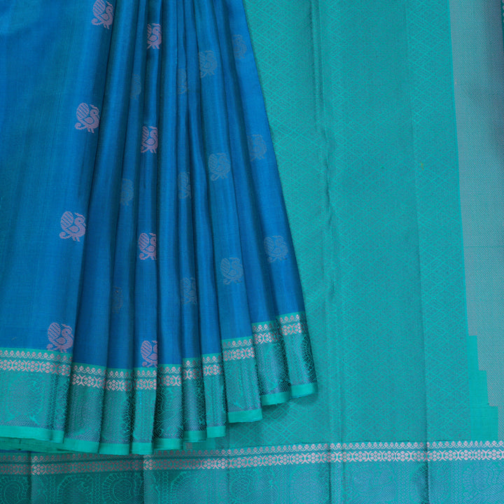 Hayagrivas Handloom Aqua Blue Kanjivaram Silk Saree with Sea Blue Border KBF287E9-4