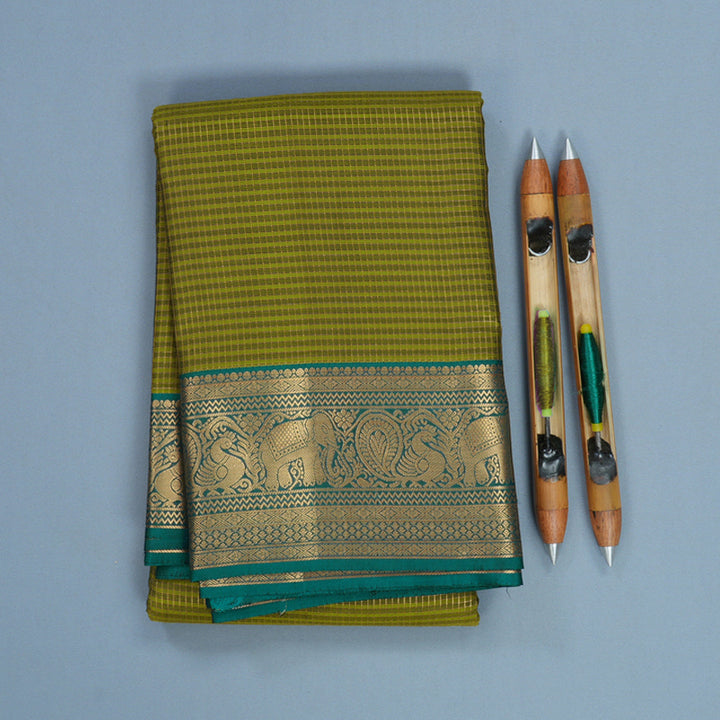 Hayagrivas Handloom Green Checks Kanjivaram Silk Saree with Peacock Green Border KBF289E1-10