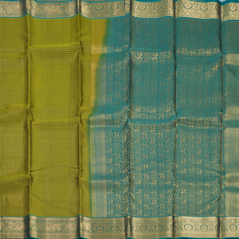 Hayagrivas Handloom Green Checks Kanjivaram Silk Saree with Peacock Green Border KBF289E1-10