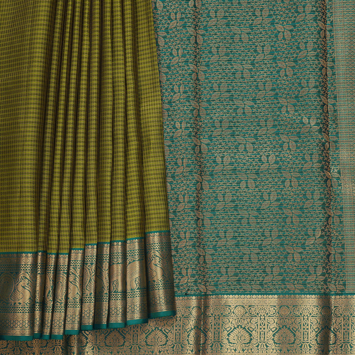 Hayagrivas Handloom Green Checks Kanjivaram Silk Saree with Peacock Green Border KBF289E1-10