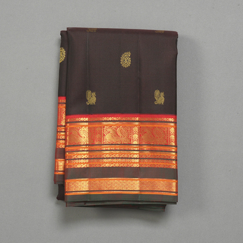 Hayagrivas Handloom Kanchana Brown Kanjivaram Silk Saree with Red Border KBF290E3-1