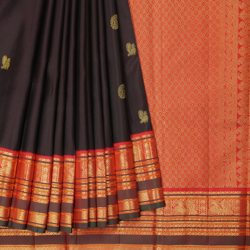 Hayagrivas Handloom Kanchana Brown Kanjivaram Silk Saree with Red Border KBF290E3-1