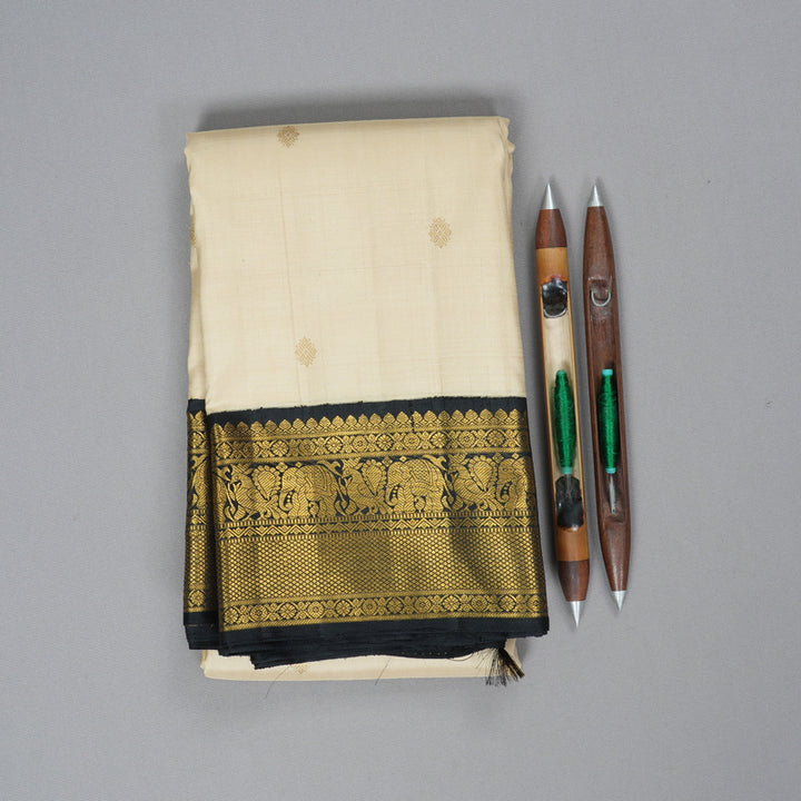 Hayagrivas Handloom Half-White Kanjivaram Silk Saree with Black Border KBF291E1-1