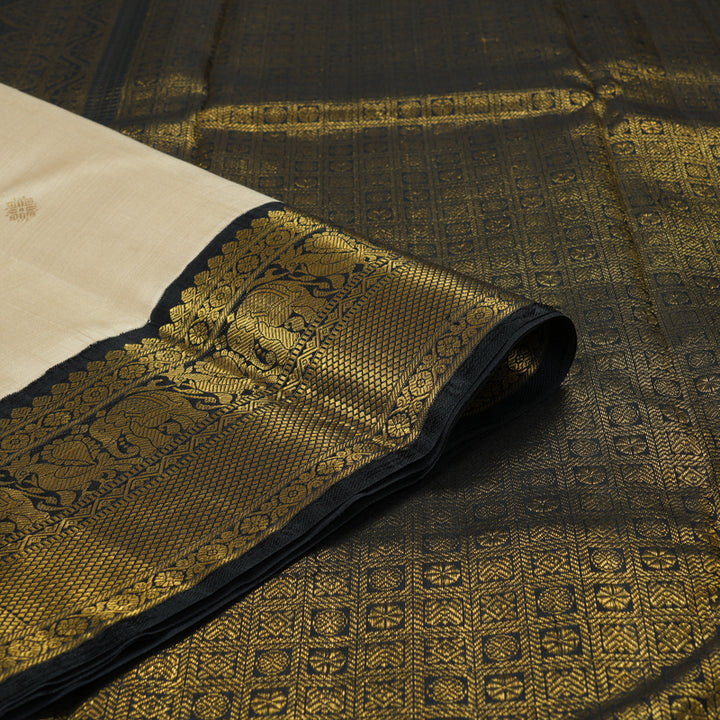 Hayagrivas Handloom Half-White Kanjivaram Silk Saree with Black Border KBF291E1-1