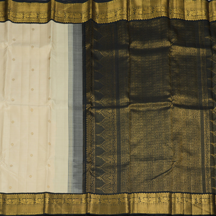 Hayagrivas Handloom Half-White Kanjivaram Silk Saree with Black Border KBF291E1-1