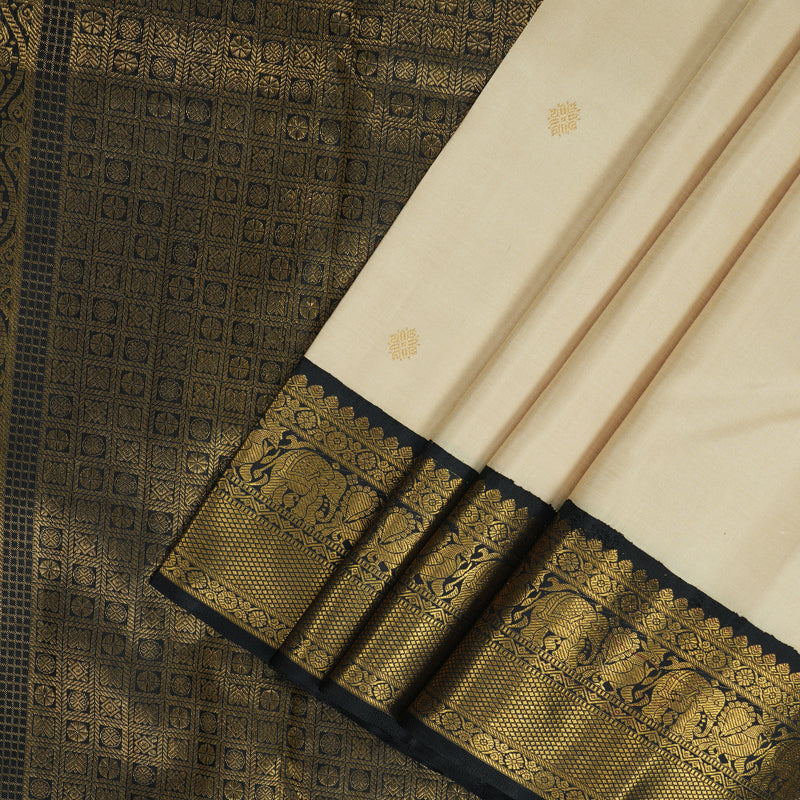 Hayagrivas Handloom Half-White Kanjivaram Silk Saree with Black Border KBF291E1-1
