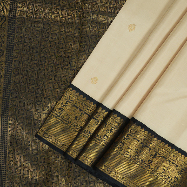 Hayagrivas Handloom Half-White Kanjivaram Silk Saree with Black Border KBF291E1-1