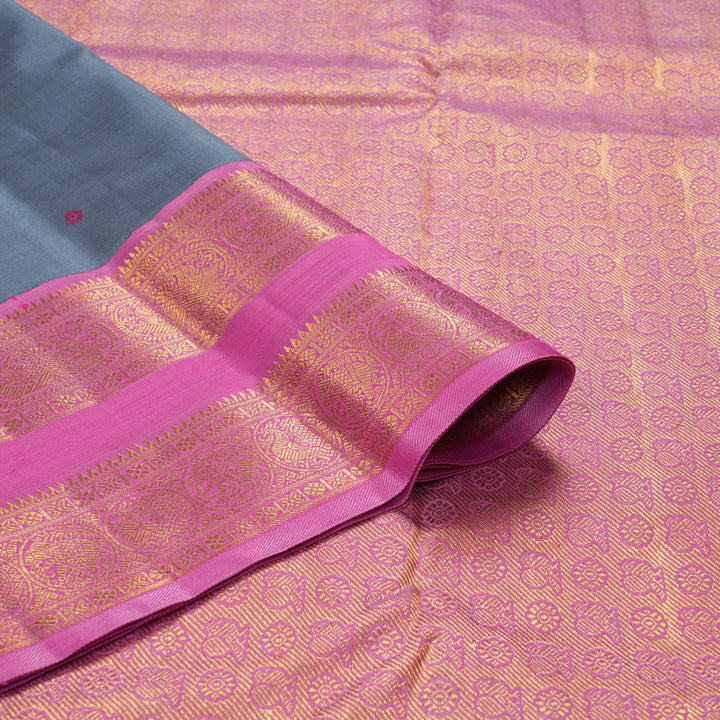 Hayagrivas Handloom Grey Kanjivaram Silk Saree with Rose Pink Border KBF291E1-2