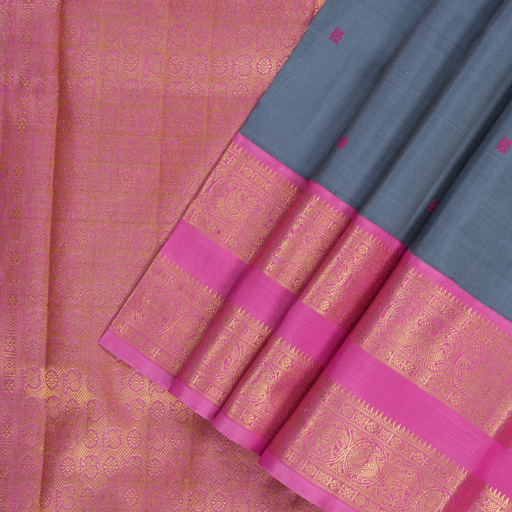 Hayagrivas Handloom Grey Kanjivaram Silk Saree with Rose Pink Border KBF291E1-2