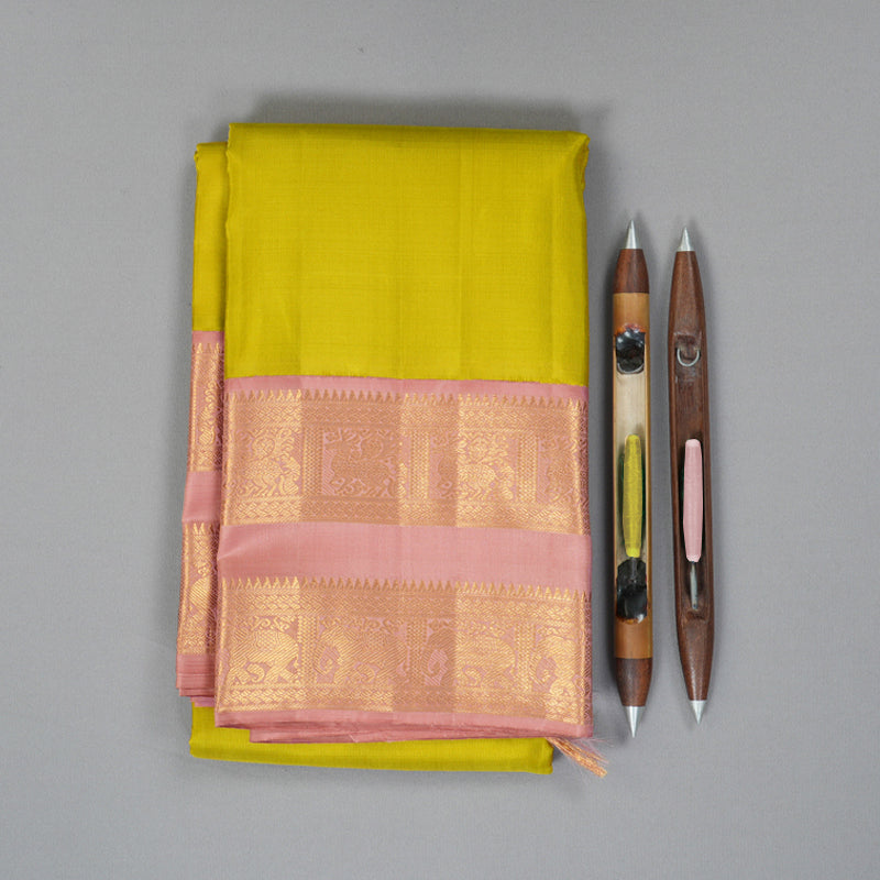 Hayagrivas Handloom Fluorescent Green Kanjivaram Silk Saree with Lotus Pink Border KBF291E2-1