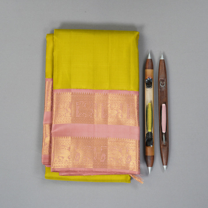 Hayagrivas Handloom Fluorescent Green Kanjivaram Silk Saree with Lotus Pink Border KBF291E2-1