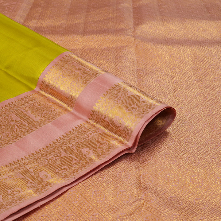 Hayagrivas Handloom Fluorescent Green Kanjivaram Silk Saree with Lotus Pink Border KBF291E2-1