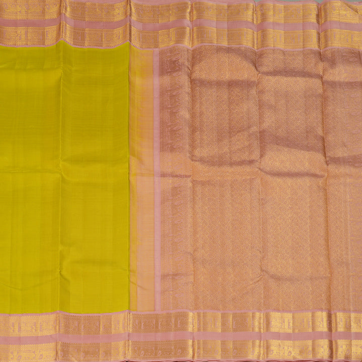 Hayagrivas Handloom Fluorescent Green Kanjivaram Silk Saree with Lotus Pink Border KBF291E2-1