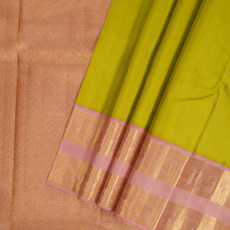 Hayagrivas Handloom Fluorescent Green Kanjivaram Silk Saree with Lotus Pink Border KBF291E2-1