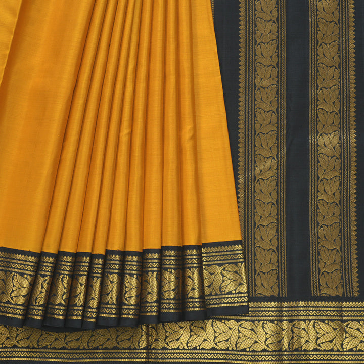 Hayagrivas Handloom Mustard Yellow Kanjivaram Silk Saree with Black Border KBF292E1-1