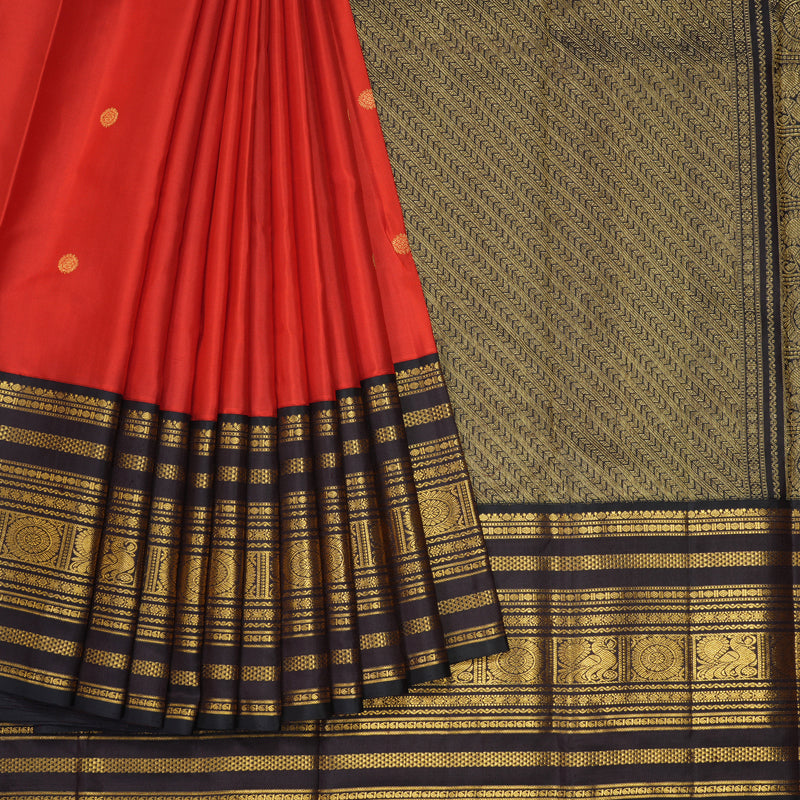 Hayagrivas Handloom Red Kanjivaram Silk Saree with Dark Chocolate Brown Border KBF293E2-1