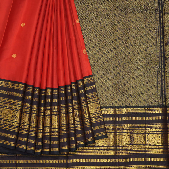 Hayagrivas Handloom Red Kanjivaram Silk Saree with Dark Chocolate Brown Border KBF293E2-1