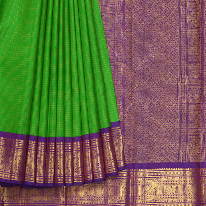 Hayagrivas Handloom Parrot Green Kanjivaram Silk Saree with Purple Border KBF293E4-1