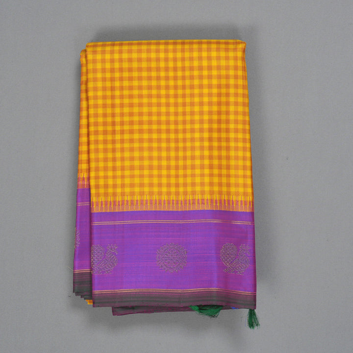 Hayagrivas Handloom Yellow Checks Kanjivaram Silk Saree with Purple Border KBF294E8-1
