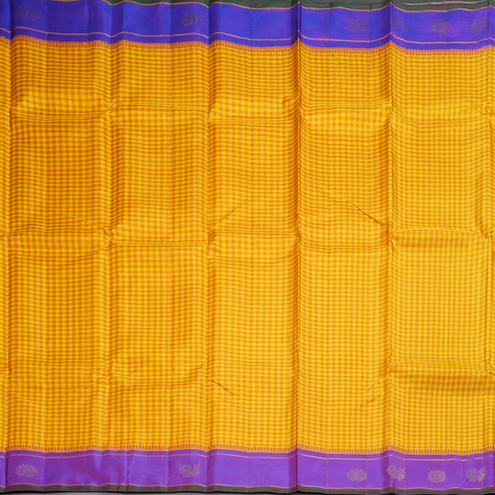 Hayagrivas Handloom Yellow Checks Kanjivaram Silk Saree with Purple Border KBF294E8-1