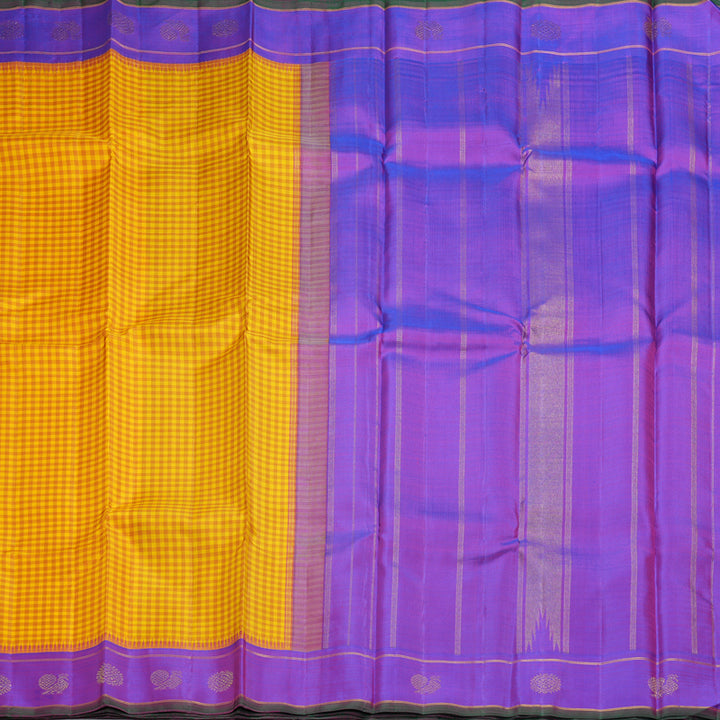 Hayagrivas Handloom Yellow Checks Kanjivaram Silk Saree with Purple Border KBF294E8-1
