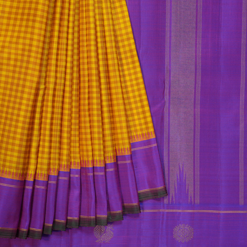 Hayagrivas Handloom Yellow Checks Kanjivaram Silk Saree with Purple Border KBF294E8-1