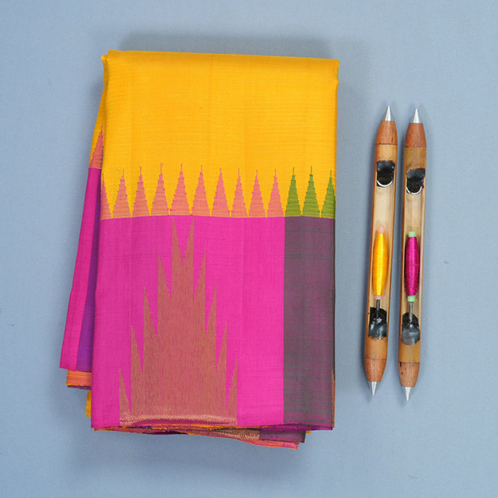 Hayagrivas Handloom Yellow Kanjivaram Silk Saree with Multicolour Border KBF295E12-1