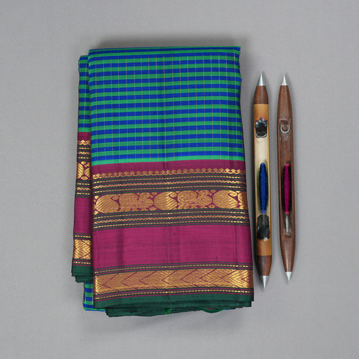 Hayagrivas Handloom Green & Blue Checks Kanjivaram Silk Saree KBF295E2-1