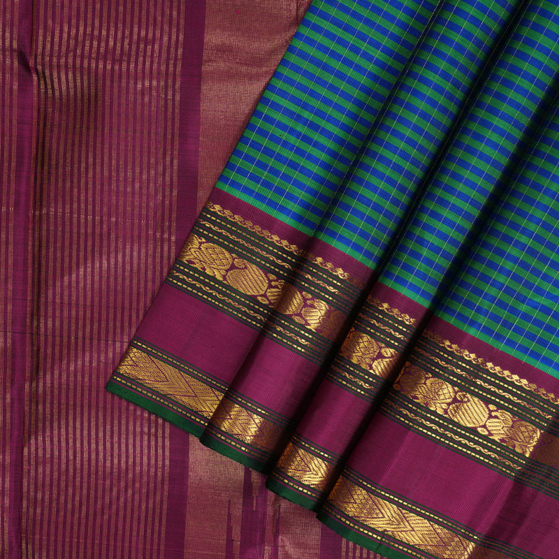 Hayagrivas Handloom Green & Blue Checks Kanjivaram Silk Saree KBF295E2-1