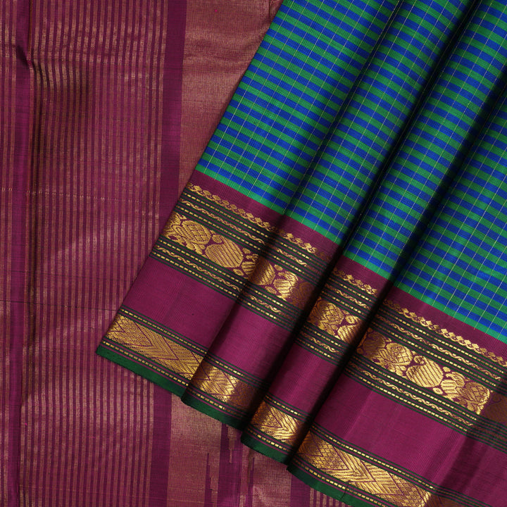 Hayagrivas Handloom Green & Blue Checks Kanjivaram Silk Saree KBF295E2-1