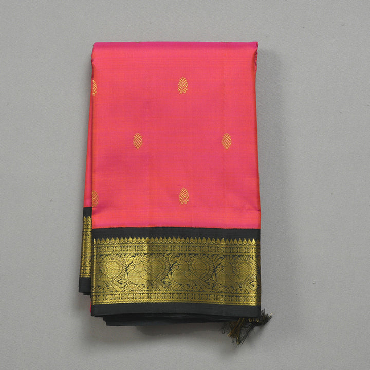 Hayagrivas Handloom Orangish-Pink Kanjivaram Silk Saree with Black Border KBF295E5-2