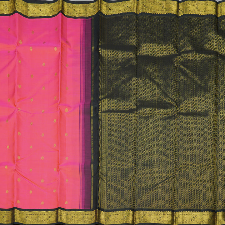 Hayagrivas Handloom Orangish-Pink Kanjivaram Silk Saree with Black Border KBF295E5-2