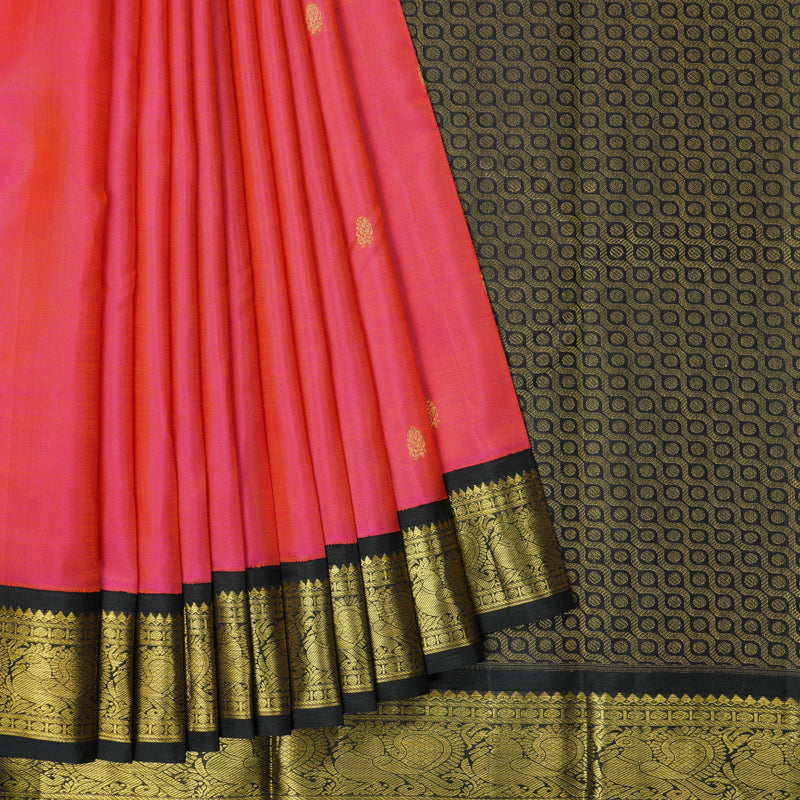 Hayagrivas Handloom Orangish-Pink Kanjivaram Silk Saree with Black Border KBF295E5-2