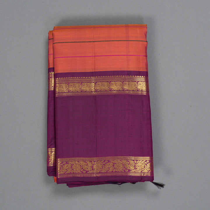 Hayagrivas Handloom Orangish-Pink Kanjivaram Silk Saree with Purple Border KBF296E1-1