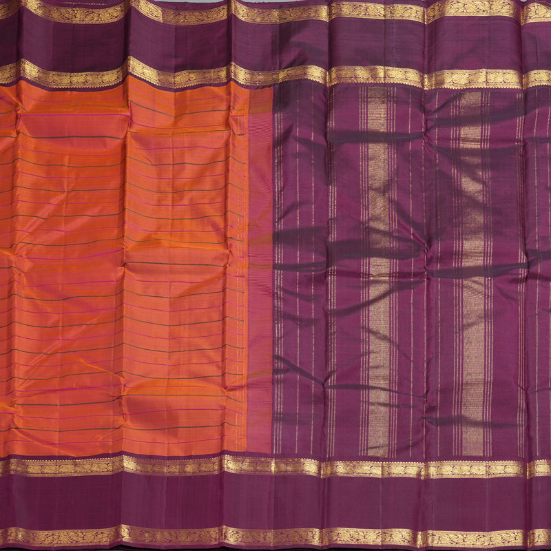Hayagrivas Handloom Orangish-Pink Kanjivaram Silk Saree with Purple Border KBF296E1-1
