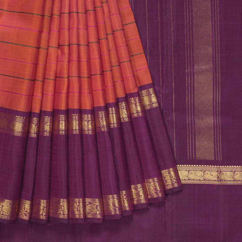 Hayagrivas Handloom Orangish-Pink Kanjivaram Silk Saree with Purple Border KBF296E1-1