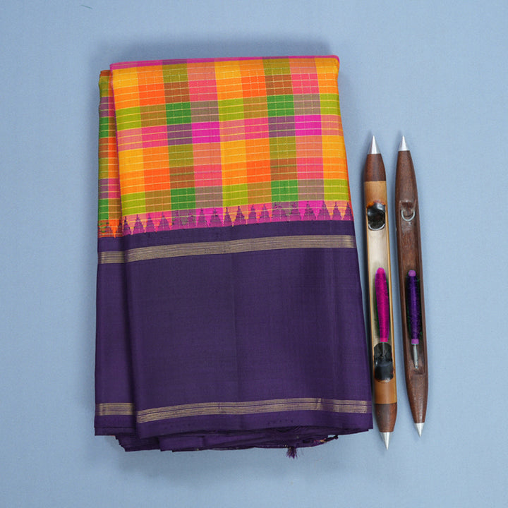 Hayagrivas Handloom Multicolour Checks Kanjivaram Silk Saree with Purple Border KBF297E2-1