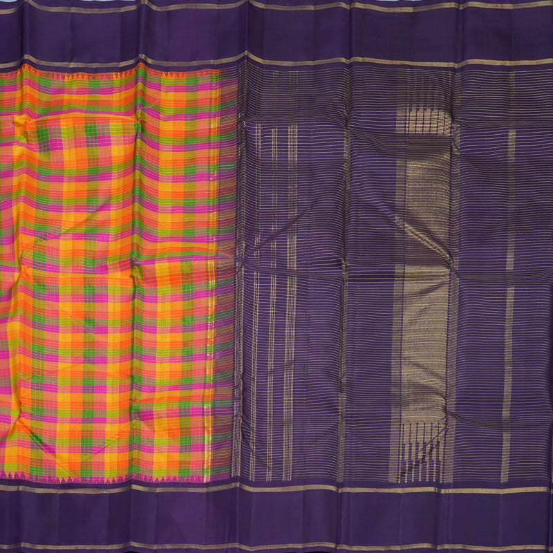 Hayagrivas Handloom Multicolour Checks Kanjivaram Silk Saree with Purple Border KBF297E2-1