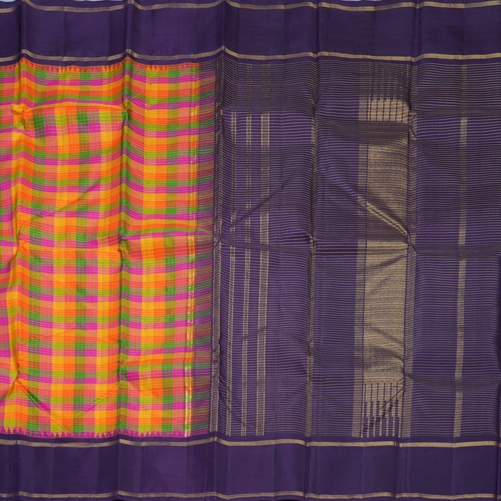 Hayagrivas Handloom Multicolour Checks Kanjivaram Silk Saree with Purple Border KBF297E2-1