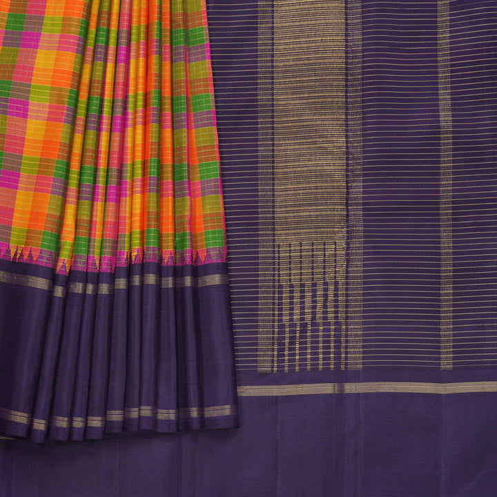 Hayagrivas Handloom Multicolour Checks Kanjivaram Silk Saree with Purple Border KBF297E2-1