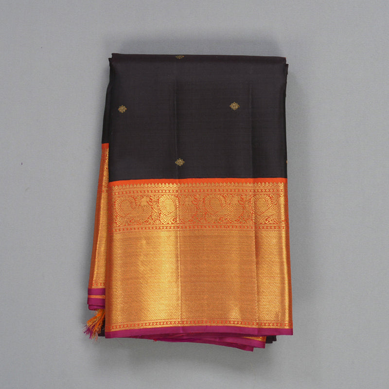 Hayagrivas Handloom Deep Jamun Kanjivaram Silk Saree with Orange Border KBF297E3-1