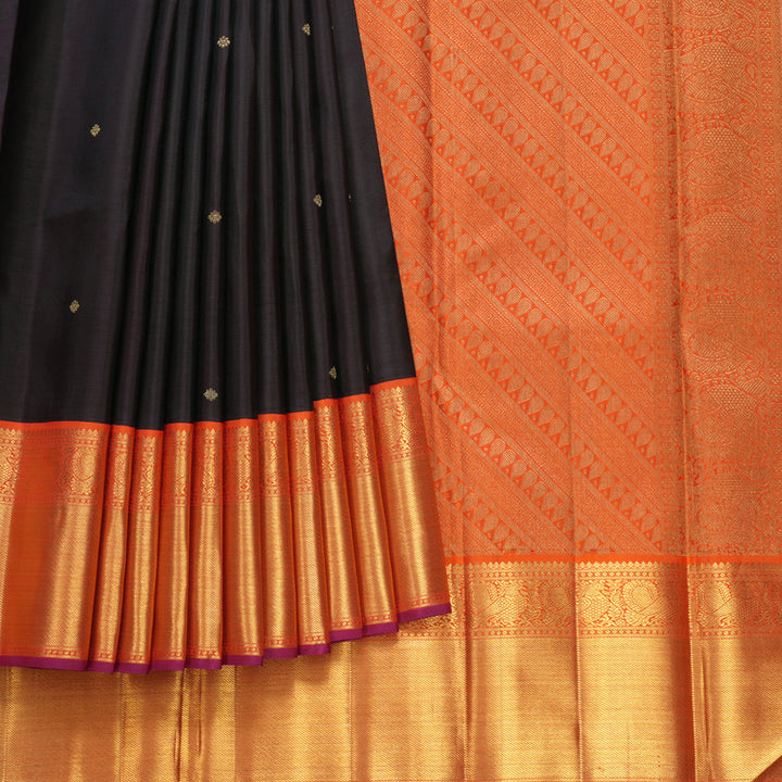 Hayagrivas Handloom Deep Jamun Kanjivaram Silk Saree with Orange Border KBF297E3-1