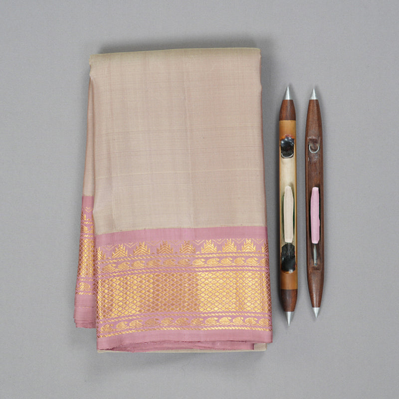 Hayagrivas Handloom Pale Brown Kanjivaram Silk Saree with Onion Pink Border KBF298E3-1