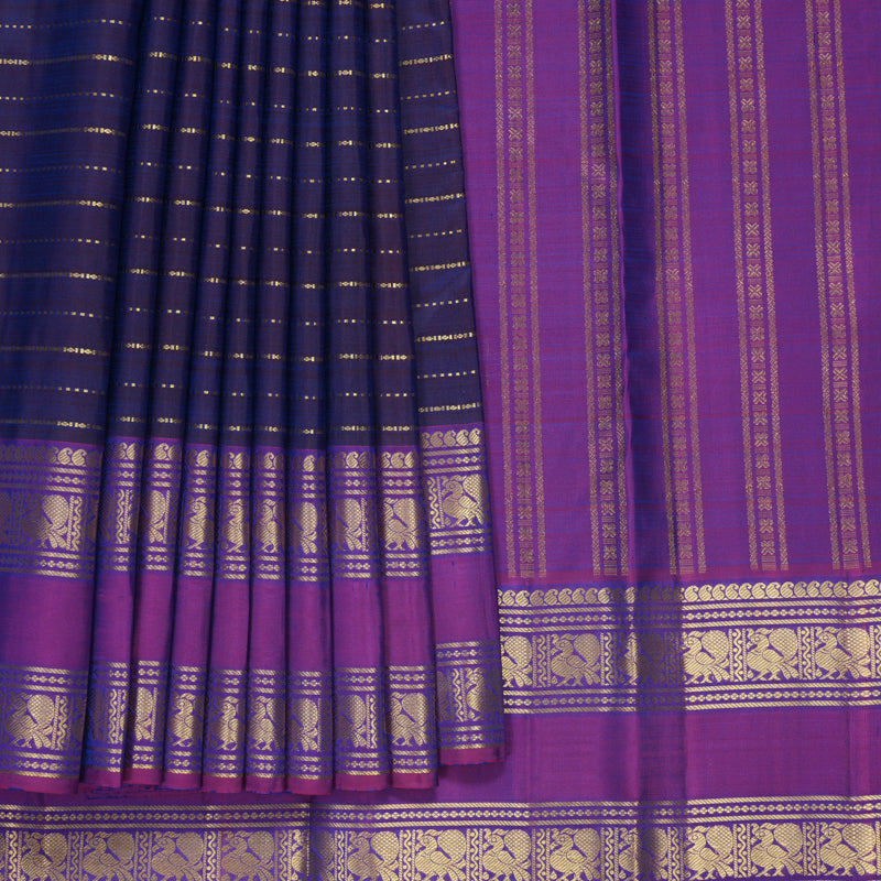Hayagrivas Handloom Deep Ink Blue Kanjivaram Silk Saree with Purple Border KBF299E1-1